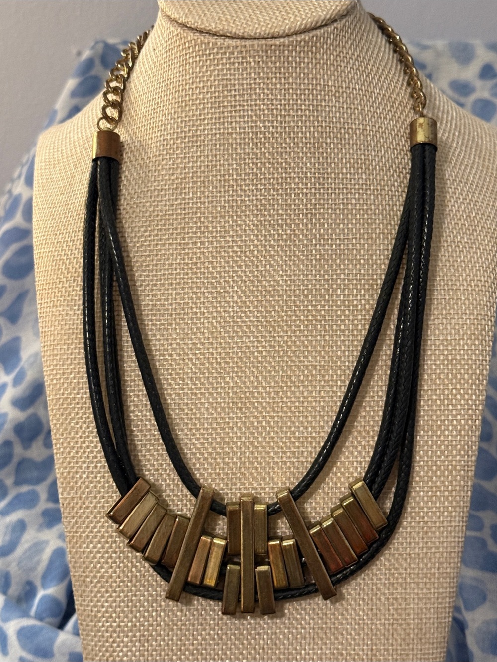 Black and Gold Layered Cord Necklace with Geometric Bars